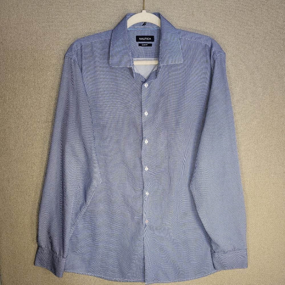 Nautica Size Large Light Blue Micro-Check Long-Sleeve Dress Shirt